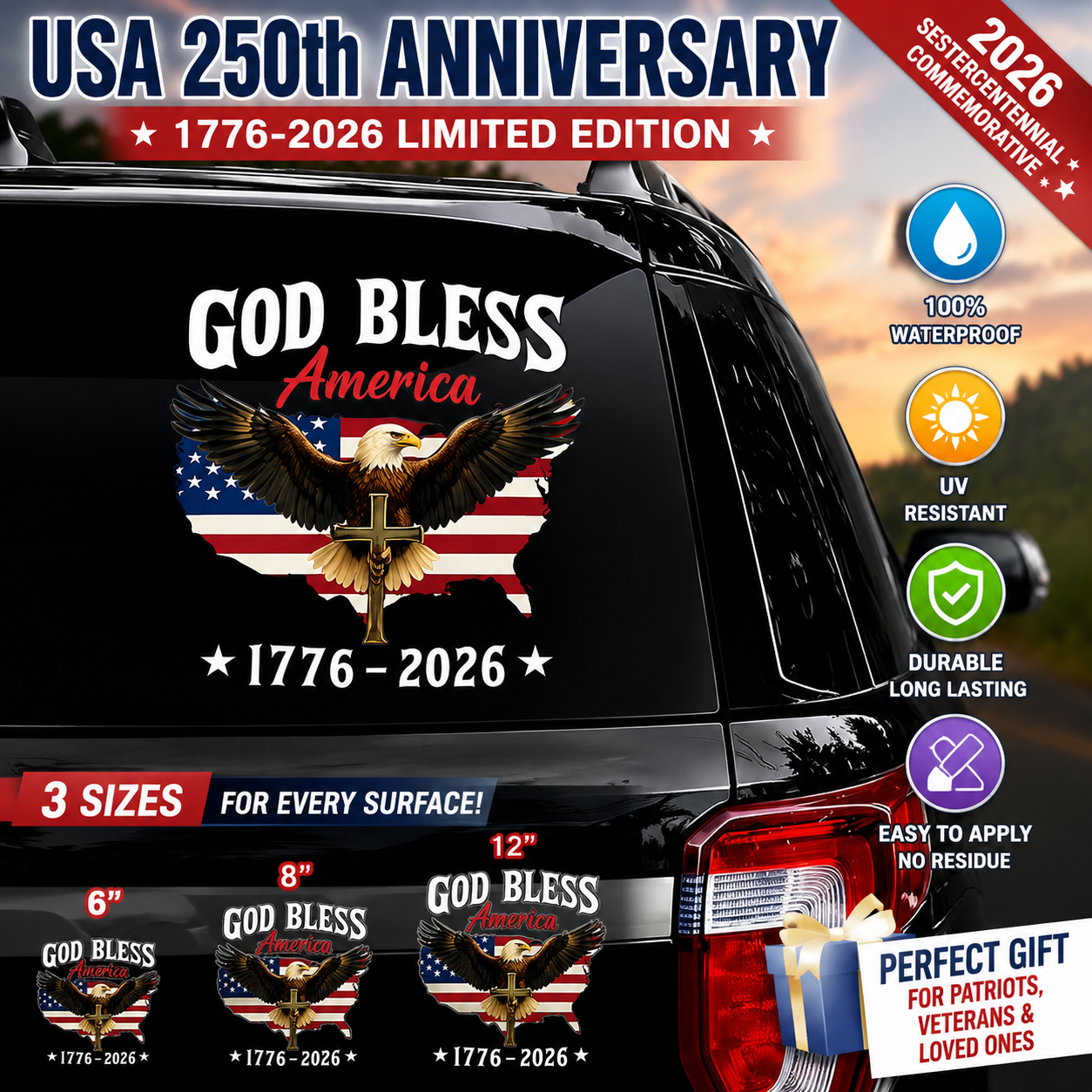 🇺🇸USA 250th Anniversary Sticker 1776-2026, 🏆God Bless America Patriotic Car Decal with Bald Eagle, Cross & American Flag, Waterproof Vinyl Window Sticker for Cars, Trucks, RVs, Veteran Gift