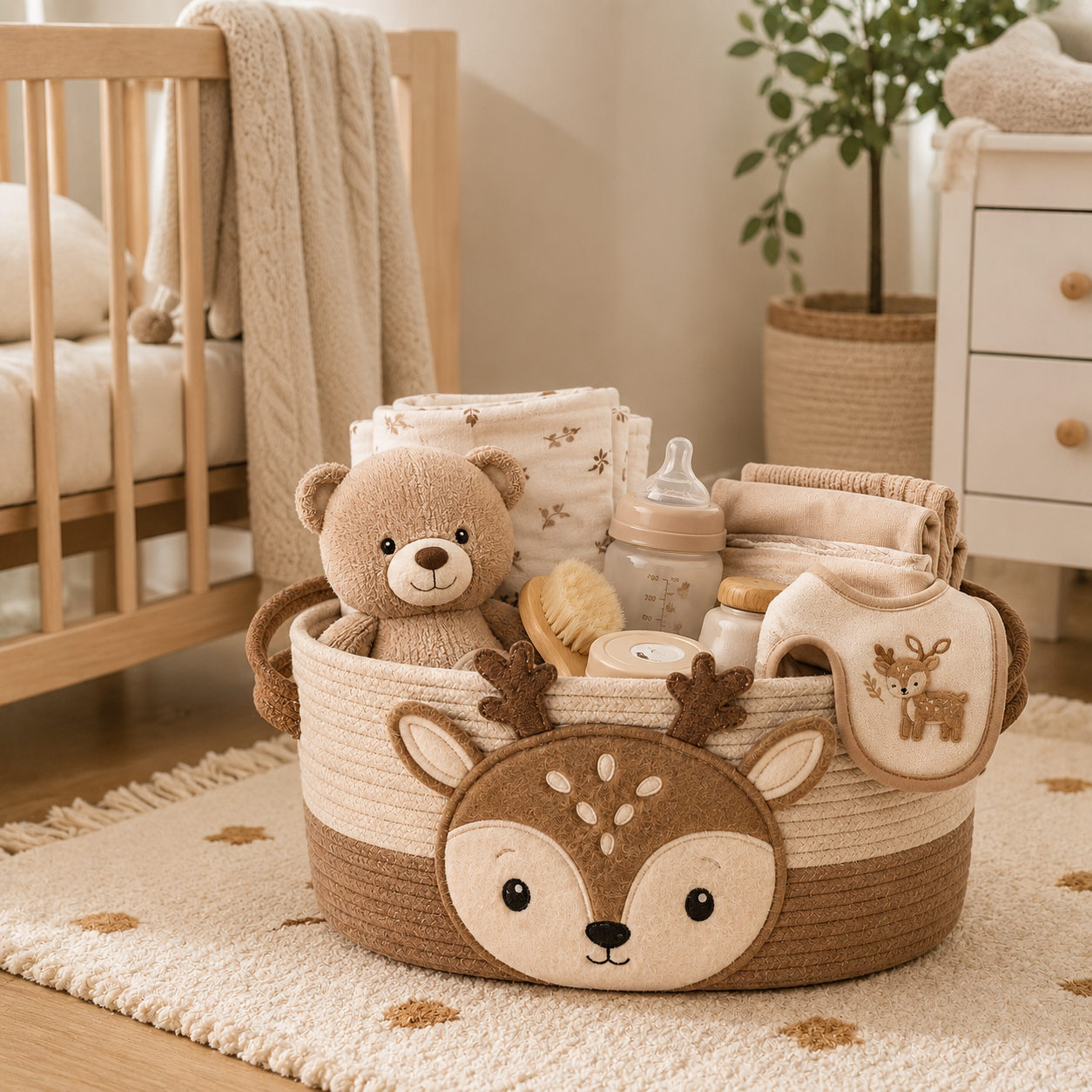 Cute Deer Baby Storage Basket – Brown Nursery Organizer Basket for Diapers