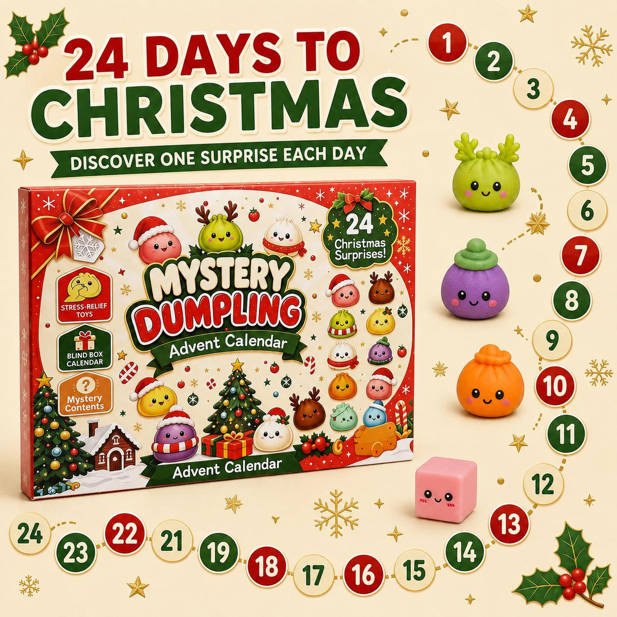 Christmas Mini Squishies Advent Calendar 2026, 24-Day Dumpling Squishy Toy Countdown Calendar with Glitter Squeeze Toys, Holiday Gift for Kids