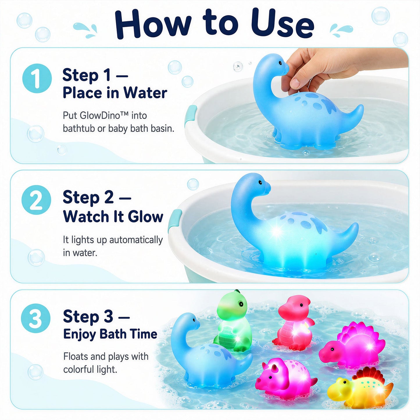 💦BVJ® Baby Light-Up Dinosaur Bath Toy—🎈Lights up in water, changes with temperature, and turns every bath into a fun little adventure.