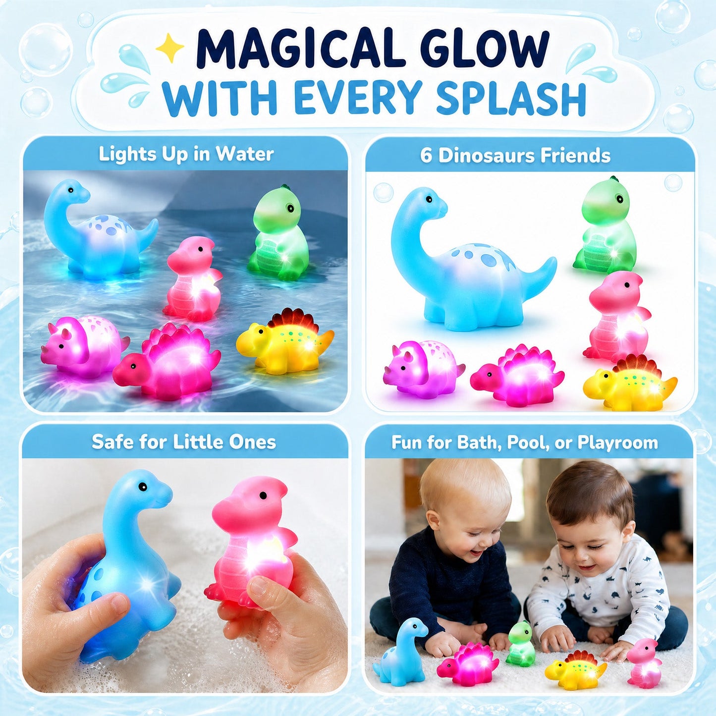 💦BVJ® Baby Light-Up Dinosaur Bath Toy—🎈Lights up in water, changes with temperature, and turns every bath into a fun little adventure.